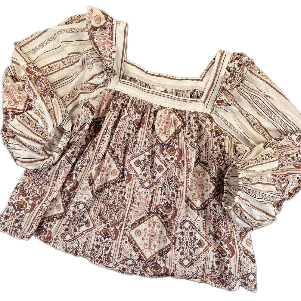 Est. 1946 Paisley Ruffle Square Neck Top XL Cream Boho Peasant Blouse Prairie